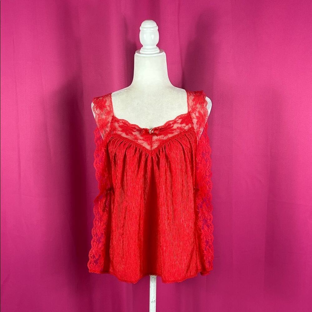 Vintage 70s Glencraft lingerie red tie‎ side lace edged babydoll nightie, med